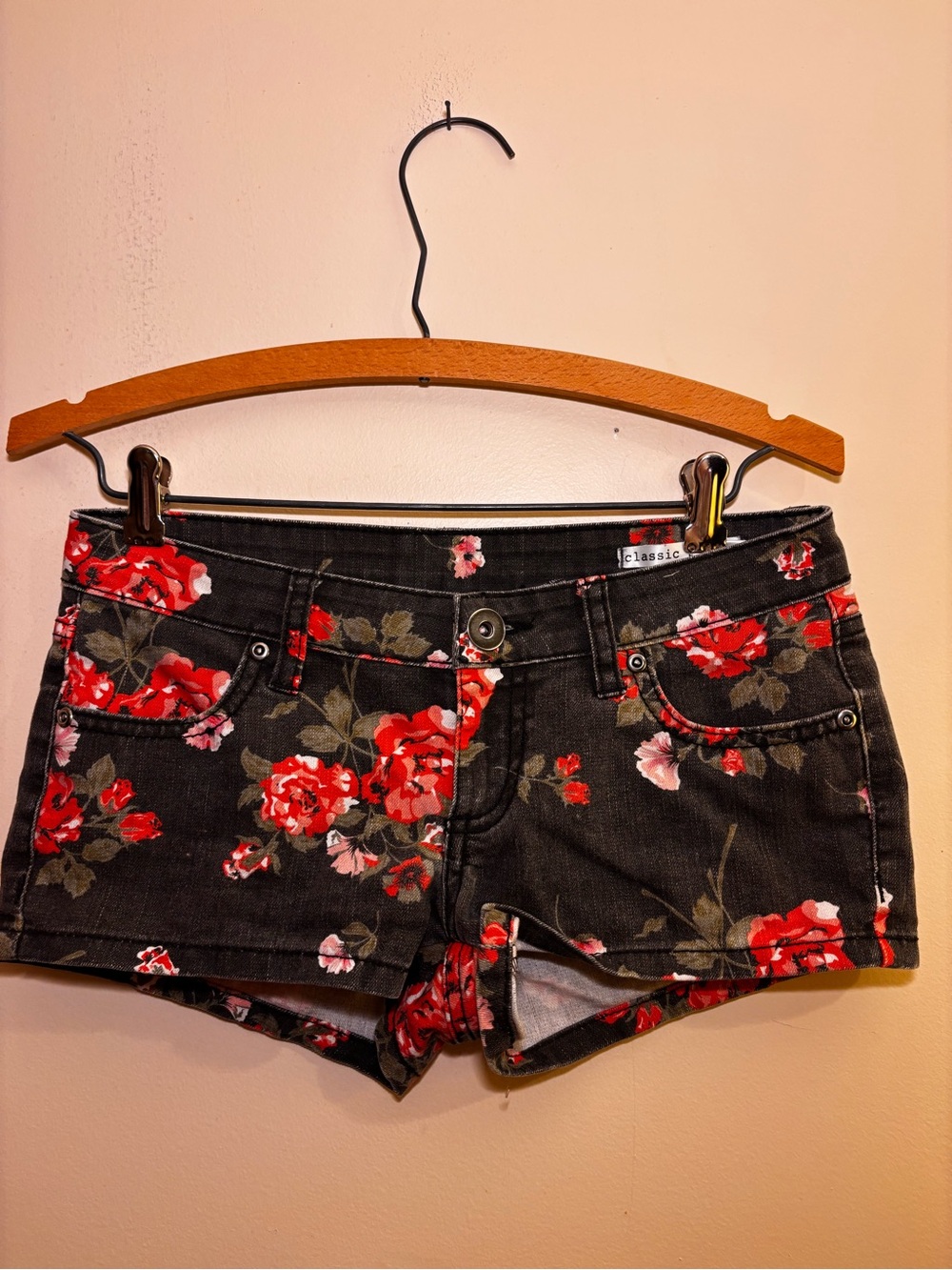City Streets Red and Black Floral Rose Mini Shorts